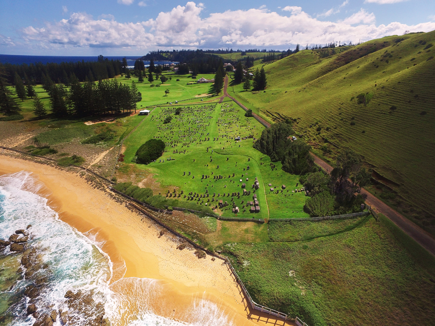 Aerial photograph of Norfolk Island cemetery, overlooking Quality Row. Photograph: Rob Nisbet