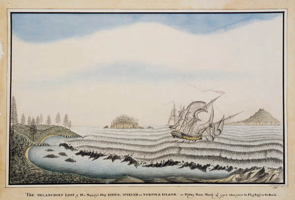 The Melancholy loss of His Majesty’s Ship Sirius, wrecked on Norfolk Island—George Raper, 1790. Source: The National Library of Australia (Bib ID 361598)